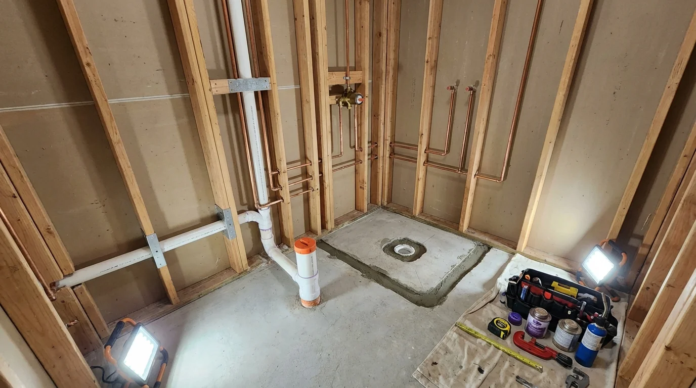 Bathroom rough-in plumbing during remodel by Johns Plumbing LLC in Glasgow
