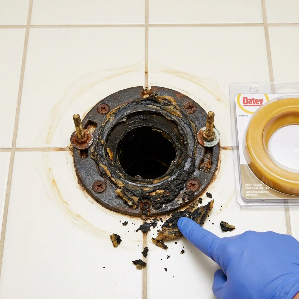 Failed wax ring showing water seepage at the base of a toilet in a Glasgow, VA home
