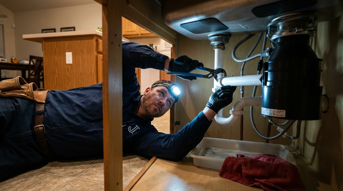 P-trap and supply line connections under a kitchen sink showing a common leak point in Glasgow, VA